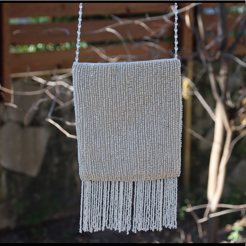 Moyna Small Ivory Bridal Bag with Beaded Fringe